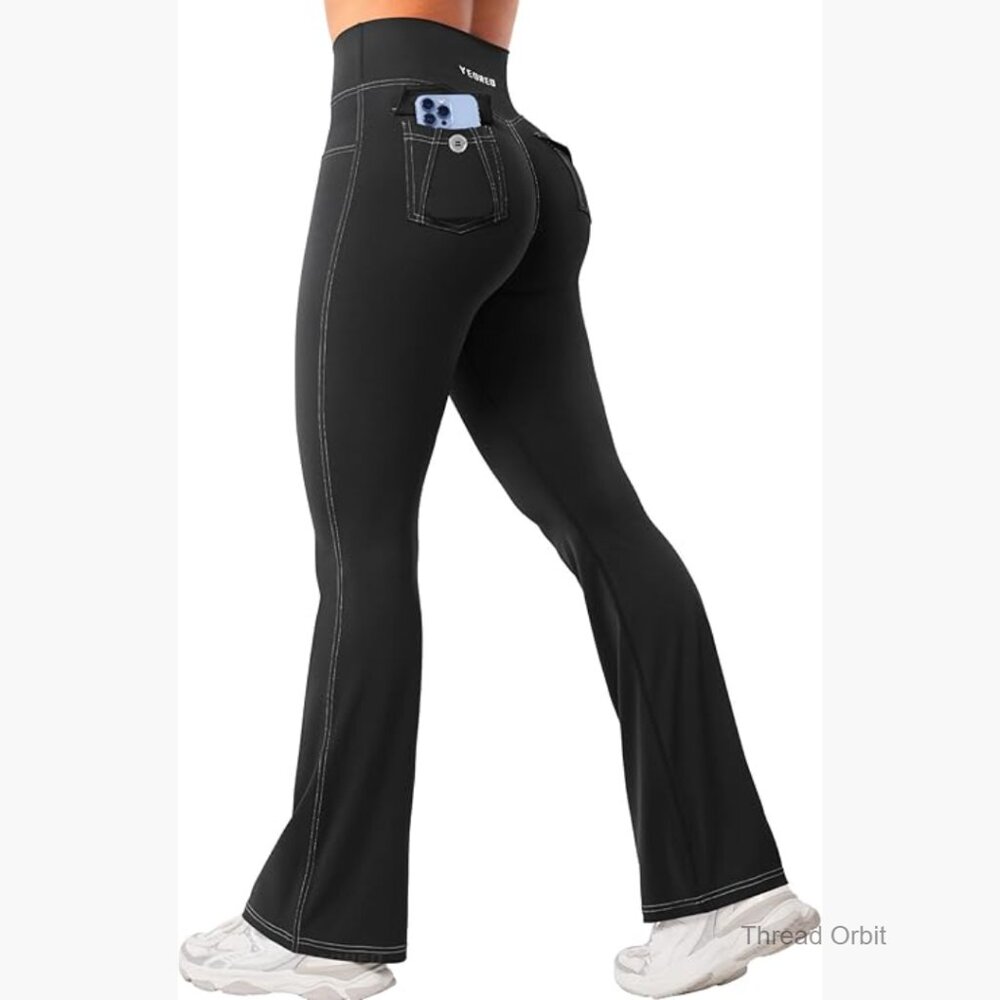 Mini Flare Leggings with Pockets Hidden Scrunch Cargo Gym Casual Denim-Look